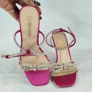 Dream Pairs Pink Satin Heels with Rhinestone Bow
